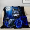 Contemporary Blue Wolf And Rose Floral Design Heavyweight Flannel Blanket Hand Wash Only, All Season Cozy Throw For Home Decor, Decorative Throw | Mystical Animal Theme | Detailed Craftsmanship, Cute Blanket