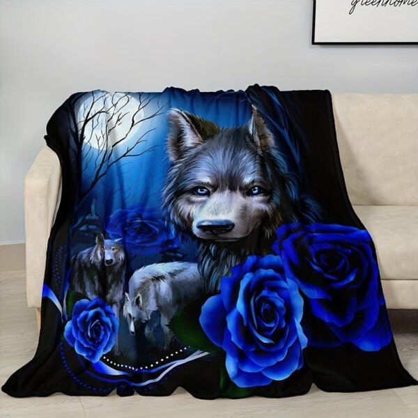 Contemporary Blue Wolf And Rose Floral Design Heavyweight Flannel Blanket Hand Wash Only, All Season Cozy Throw For Home Decor, Decorative Throw | Mystical Animal Theme | Detailed Craftsmanship, Cute Blanket