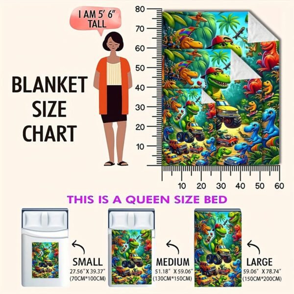 Cozy Dinosaur Truck Flannel Throw Blanket Versatile For All Seasons, Perfect For Naps & Car Use, Soft Polyester, Green