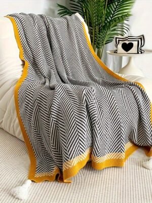 Glam Style Knitted Throw Blanket With Striped Pattern – Fantasy Theme Acrylic Soft Breathable Warm Nap Blanket For Office, Couch, Car, Bed – All Season Multipurpose Decorative Throw With Special Features