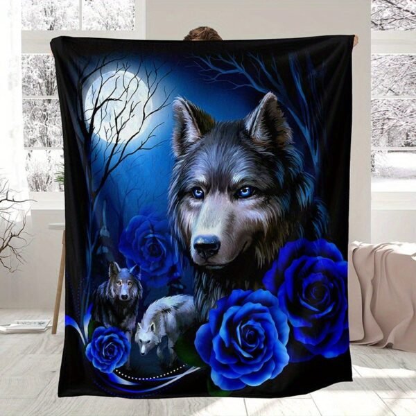 Contemporary Blue Wolf And Rose Floral Design Heavyweight Flannel Blanket Hand Wash Only, All Season Cozy Throw For Home Decor, Decorative Throw | Mystical Animal Theme | Detailed Craftsmanship, Cute Blanket