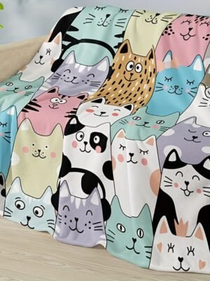 Rustic Style Cartoon Cat Faces Flannel Blanket High Gsm Soft Pastel Colors, Playful Animal Theme All Season Cozy Throw For Bed, Couch & Home Decor, Cat Blanket, Bed And Couch Accessory, Whimsical Design, Highquality Fabric