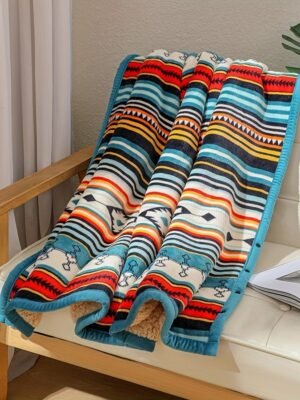 Nordic Bohemian Fleece Blanket Thickened Double Layer Warm Bedspread With Neutral Multicolor Stripes ( Nordic Color Palette) For Sofa, Bed, Couch & Camping All Season Cozy Bed Covering, Machine Washable