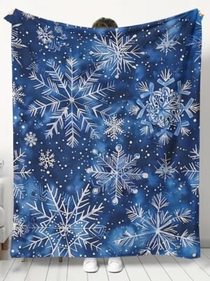 3f39f57c-eb57-469b-87ab-aaa6bfaa4359.jpg Blue Snowflake Pattern Flannel Blanket Soft Warm All Season Bedspread, Thick Cozy Bed Cover For Winter, Sofa & Bed, Contemporary Blue & White Snowflake Design, Durable Flannel Fabric, Fits Single Double Mattresses