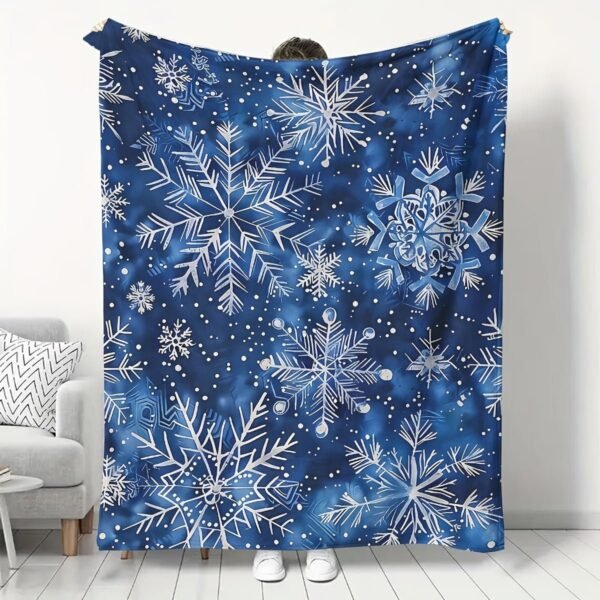 Blue Snowflake Pattern Flannel Blanket Soft Warm All Season Bedspread, Thick Cozy Bed Cover For Winter, Sofa & Bed, Contemporary Blue & White Snowflake Design, Durable Flannel Fabric, Fits Single Double Mattresses