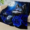Contemporary Blue Wolf And Rose Floral Design Heavyweight Flannel Blanket Hand Wash Only, All Season Cozy Throw For Home Decor, Decorative Throw | Mystical Animal Theme | Detailed Craftsmanship, Cute Blanket