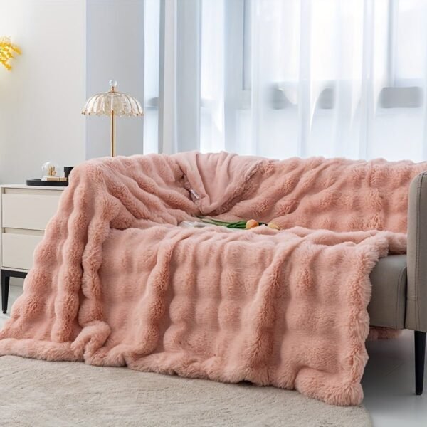 Thickened Bubble Velvet Blanket | Pink Polyester Rabbit Like Soft Fleece, Suitable For Office And Home Nap, Sofa Throw Cover