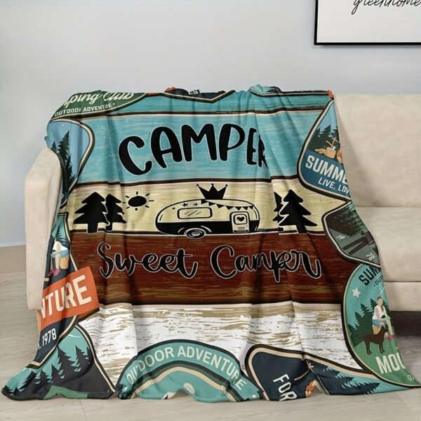 Classic Fashion Blanket, Retro Camping Theme Flannel Blanket, Soft Warm Throw Blanket Nap Blanket For Couch Sofa Office Bed Camping Travel, Multi Purpose Gift Blanket For All Season