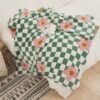 Half Fluffy Checkered Floral Blanket Soft Plush & Cozy All Season Throw For Sofa, Bed, Office Nap Green & White Grid With Pink Flowers Contemporary Home Decor, Throw Blanket For Couch
