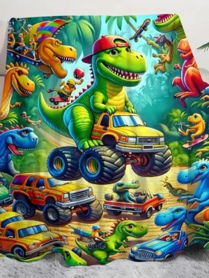 5de7940b-2dcf-478a-97b5-e81f35461d81-1.jpg Cozy Dinosaur Truck Flannel Throw Blanket Versatile For All Seasons, Perfect For Naps & Car Use, Soft Polyester, Green