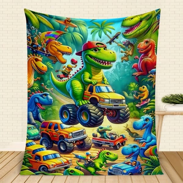 Cozy Dinosaur Truck Flannel Throw Blanket Versatile For All Seasons, Perfect For Naps & Car Use, Soft Polyester, Green