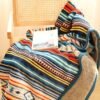 Nordic Bohemian Fleece Blanket Thickened Double Layer Warm Bedspread With Neutral Multicolor Stripes ( Nordic Color Palette) For Sofa, Bed, Couch & Camping All Season Cozy Bed Covering, Machine Washable