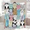 Rustic Style Cartoon Cat Faces Flannel Blanket High Gsm Soft Pastel Colors, Playful Animal Theme All Season Cozy Throw For Bed, Couch & Home Decor, Cat Blanket, Bed And Couch Accessory, Whimsical Design, Highquality Fabric