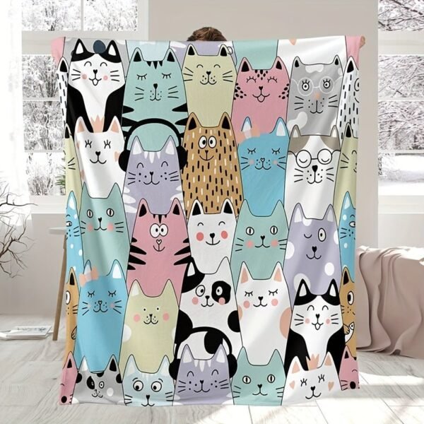 Rustic Style Cartoon Cat Faces Flannel Blanket High Gsm Soft Pastel Colors, Playful Animal Theme All Season Cozy Throw For Bed, Couch & Home Decor, Cat Blanket, Bed And Couch Accessory, Whimsical Design, Highquality Fabric