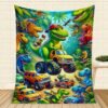 Cozy Dinosaur Truck Flannel Throw Blanket Versatile For All Seasons, Perfect For Naps & Car Use, Soft Polyester, Green