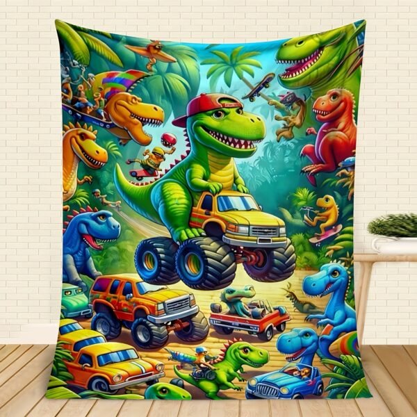 Cozy Dinosaur Truck Flannel Throw Blanket Versatile For All Seasons, Perfect For Naps & Car Use, Soft Polyester, Green
