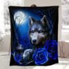 Contemporary Blue Wolf And Rose Floral Design Heavyweight Flannel Blanket Hand Wash Only, All Season Cozy Throw For Home Decor, Decorative Throw | Mystical Animal Theme | Detailed Craftsmanship, Cute Blanket