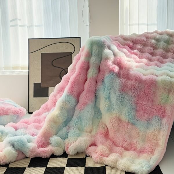 A Synthetic Rabbit Fur Blanket, Featuring Tie Dye Colors And Soft, Warm Bubble Fleece, Suitable For Bedrooms, Guest Rooms, Living Rooms, Student Dorms, Car Sofas, And Travel. This Versatile Blanket Is Perfect For All Seasons.