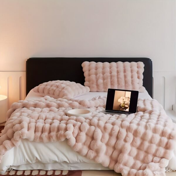 Thickened Bubble Velvet Blanket | Pink Polyester Rabbit Like Soft Fleece, Suitable For Office And Home Nap, Sofa Throw Cover