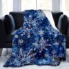 Blue Snowflake Pattern Flannel Blanket Soft Warm All Season Bedspread, Thick Cozy Bed Cover For Winter, Sofa & Bed, Contemporary Blue & White Snowflake Design, Durable Flannel Fabric, Fits Single Double Mattresses