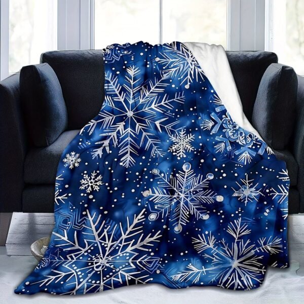 Blue Snowflake Pattern Flannel Blanket Soft Warm All Season Bedspread, Thick Cozy Bed Cover For Winter, Sofa & Bed, Contemporary Blue & White Snowflake Design, Durable Flannel Fabric, Fits Single Double Mattresses