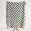 Half Fluffy Checkered Floral Blanket Soft Plush & Cozy All Season Throw For Sofa, Bed, Office Nap Green & White Grid With Pink Flowers Contemporary Home Decor, Throw Blanket For Couch
