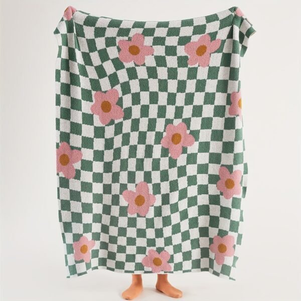 Half Fluffy Checkered Floral Blanket Soft Plush & Cozy All Season Throw For Sofa, Bed, Office Nap Green & White Grid With Pink Flowers Contemporary Home Decor, Throw Blanket For Couch