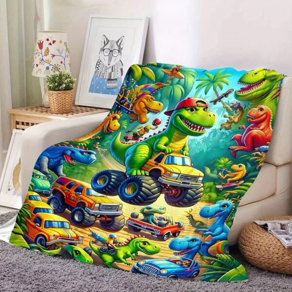 Cozy Dinosaur Truck Flannel Throw Blanket Versatile For All Seasons, Perfect For Naps & Car Use, Soft Polyester, Green