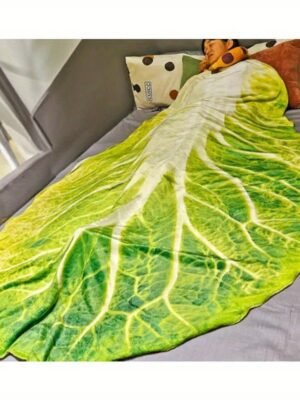 Realistic Lettuce Design Flannel Blanket Soft Geometric Leaf Pattern, All Season Cozy Throw For Home Decor, Unique Gift Idea, Contemporary Style, Decorative Bed Throw, Playful Decor Item