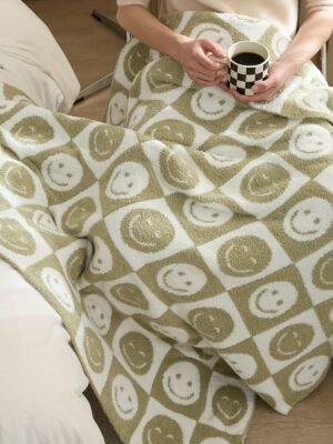 Warm And Cozy Checkerboard Smile Face Microfiber Blanket For Office, Sofa, And Bed Perfect For Nap Time And Decorating