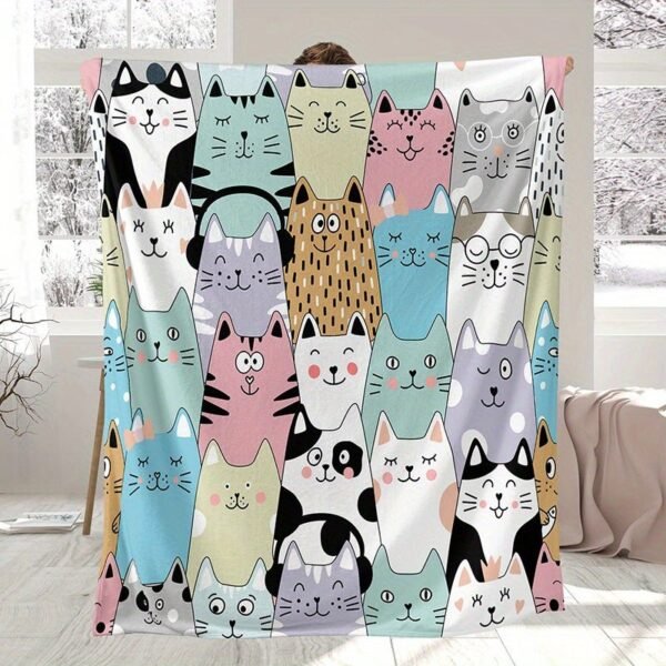 Rustic Style Cartoon Cat Faces Flannel Blanket High Gsm Soft Pastel Colors, Playful Animal Theme All Season Cozy Throw For Bed, Couch & Home Decor, Cat Blanket, Bed And Couch Accessory, Whimsical Design, Highquality Fabric