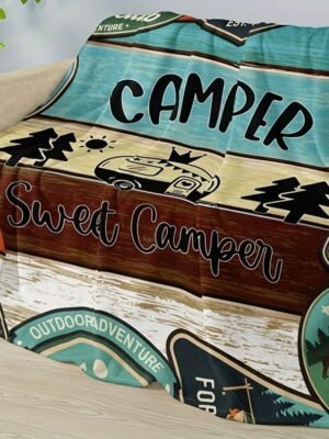 Classic Fashion Blanket, Retro Camping Theme Flannel Blanket, Soft Warm Throw Blanket Nap Blanket For Couch Sofa Office Bed Camping Travel, Multi Purpose Gift Blanket For All Season