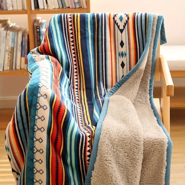 Nordic Bohemian Fleece Blanket Thickened Double Layer Warm Bedspread With Neutral Multicolor Stripes ( Nordic Color Palette) For Sofa, Bed, Couch & Camping All Season Cozy Bed Covering, Machine Washable